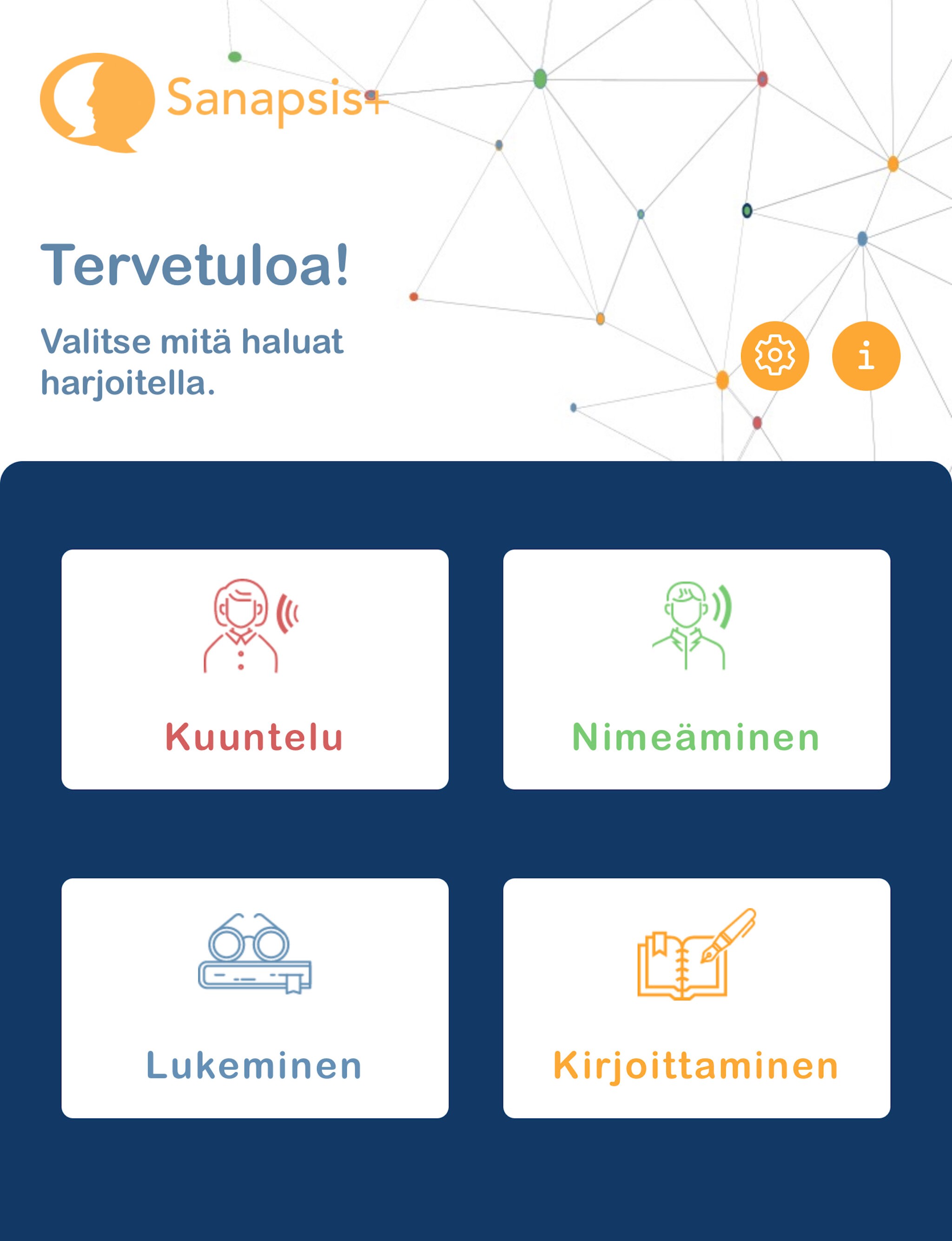 Sanapsis+ start screen in Finnish with four activities: Kuuntelu, Nimeäminen, Lukeminen, Kirjoittaminen