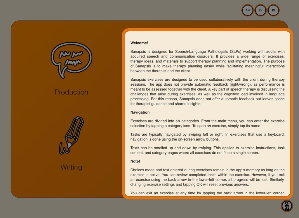SanapsisPro info panel with welcome text, navigation tips and notes for therapists